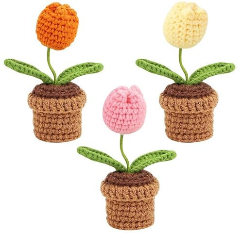 Les-Theresa Set di 3 Pezzi a Tulipano, Fiore in Vaso all'Uncinetto Fatto a Mano, Kit di Fiori Completato per Principianti, Adulti