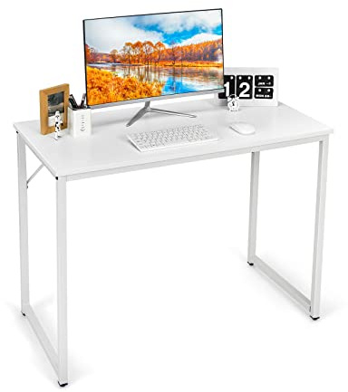 GIANTEX Scrivania, piccola scrivania per computer portatile, scrivania da ufficio, tavolo da lavoro, 100 x 50 x 75 cm, legno e metallo, per studio, ufficio, casa, ufficio (bianco)