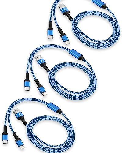 3Pack-4FT Apple & Android USB to Lightning & USB-C 2-in-1 Fast Charger Cable for iPhone 17e 17 17Pro 16e 16 15 14 Pro Max Plus 13 12, Samsung Galaxy A17, Google Pixel 10, Multi USBC Lighting USB Cord