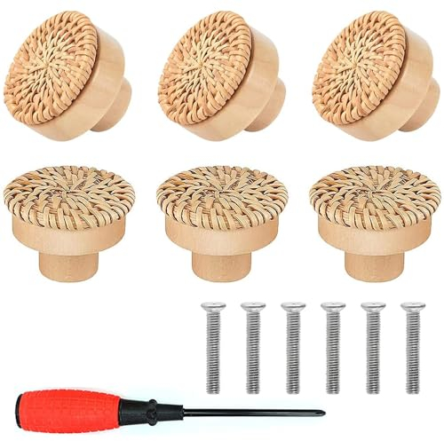 EXFU 6 Stück Möbelknöpfe Holz Rattan, Runde Tür Schubladengriffe, Natur Schrankknöpfe Mit Schrauben, Boho Deko