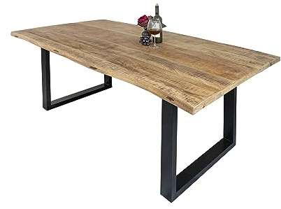 SAM B-Ware Esstisch Hari 200 x 100 cm, Mangoholz massiv, Baumkantentisch mit U-Metallgestell in Schwarz, echte Baumkante, 26 mm