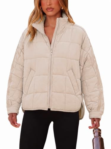 Omoone Women's Quilted Puffer Jacket Zip Up Oversized Lightweight Padded Down Coat Outerwear(3877-Khaki-M)