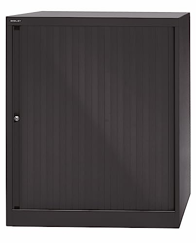 BISLEY Rollladenschrank abschließbar in schwarz Schrank aus Metall Rolladen aus Kunststoff inkl. 2 Einlegeböden