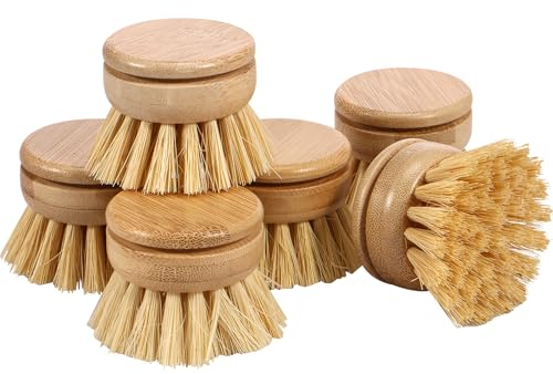 Juego de 6 cepillos de vajilla de Madera para Recambio de sisal, de vajilla de bambú, de Setas, Cabezal de de vajilla de bambú y cerdas Suaves para Cocina