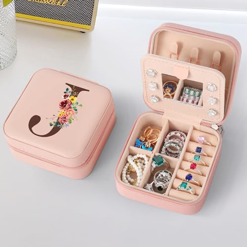TINGN Personalisierte Schmuckkästchen mit Initiale J und Blume Kleine Schmuckkästchen Reise Schmuckkästchen mit Spiegel für Damen Mädchen Geschenk für Geburtstage, Muttertag