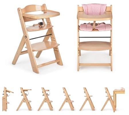 Ms BabyWorld Seggiolone PIEGHEVOLE Full per bambini in legno, completamente pieghevole, evolutivo, seggiolone, ergonomico, regolabile, sicuro, (Naturale/Rosa)