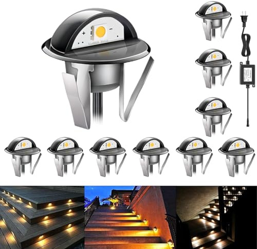 RNEHON Outdoor LED Deck Lights Kit,Warm White Φ1.38 Low Voltage 12V DC Step Stair Lights,IP65 Waterproof Recessed Landscape Lighting for Garden,Yard Steps,Patio,Floor Decoration(10 Pack)