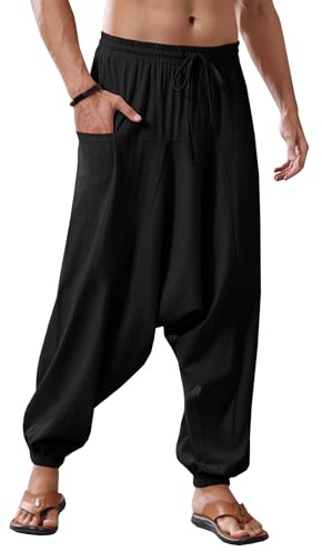Runcati herr bomull harembyxor säckig hippie casual linne yogabyxor strand djup steg byxor, svart, XXL