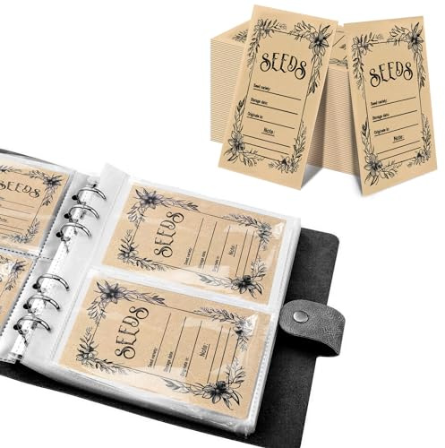 100 sobres autosellantes para ahorrar semillas, sobres reutilizables para almacenamiento de semillas con libro de 200 rejillas para verduras, jardín y flores (libro negro)