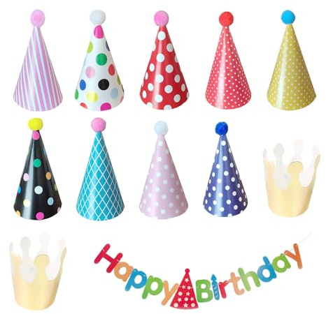 USHXVG 11 Birthday Party Hats Set with 1 Pull Flag, Birthday Hat Supplies Set, Cone Party Hats, Plush Ball Birthday Hats, Birthday Party Decoration Pull Flags, Party Decoration Accessories.