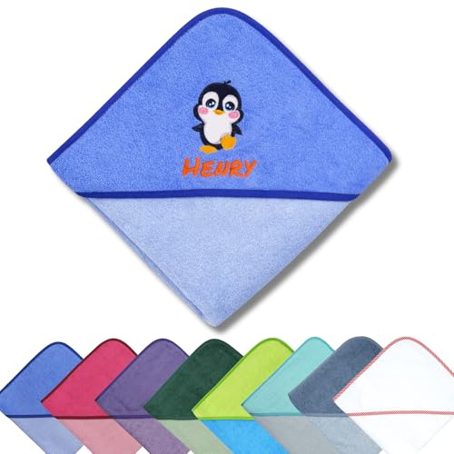 Generisch Kapuzenhandtuch Baby mit Pinguin Bestickt – personalisiert mit Namen – 100x100 cm – Geschenk zur Geburt oder Taufe – Baumwolle – Handmade
