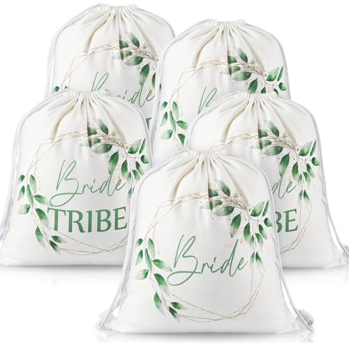 Weewooday 5 Stück Baumwolle und Leinen Braut Turnbeutel mit Kordelzug inklusiv 1 Bride Beutel und 4 Bride Tribe Rucksack Segeltuch Brautparty Geschenke für JGA Hochzeit Verlobung