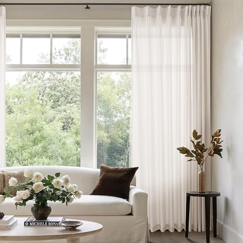 Natural Pinch Pleat Linen 120 Inch Curtains for Patio Sliding Door 72 Inch Width Cream Ivory Light Filtering Semi Sheer Pleated Drapes Custom Cotton Extra Wide 72x120 Curtain Panels for Living Room