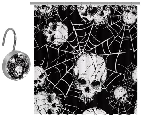 VAPOKF Rideau de douche en polyester avec 9 crochets en acier inoxydable pour salle de bain rustique Motif têtes de mort sur toile d'araignée 122 x 182 cm