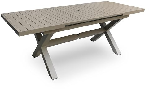 Erotr Ausziehbarer Terrassen-Esstisch, 160-210 cm, Aluminium Rechteckiger Esstisch aus Außenbereich, moderner Terrassentisch aus Metall für 6–8 Personen mit Schirmloch für Garten restaurant, Hellbraun