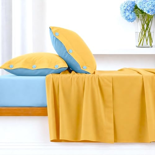 Ruggeri Set Lenzuola Completo Letto Matrimoniale, Cotone, Giallo e Azzurro | 4 Pezzi, Lenzuolo con Angoli 170x200 cm, Lenzuolo Piatto 240x280 cm e 2 Federe Double 50x80 cm, Certificato Oeko-Tex