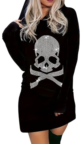 EVELUST Halloween Kostüm Damen Totenkopf Sweatshirt - Goth Gruselig Skelett Vintage Top Muster Strass Hoodie Langarm Y2k Clothes(Black,M,11561w)
