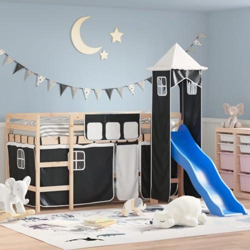 OHOOWOO Kinderhochbett mit Turm Weiß & Schwarz 80x200 cm Kiefernholz,Kinderhochbett aus Massivholz mit Rutsche, Vorhängen und Turm Sicheres Etagenbett für Kinder ab 6 Jahren