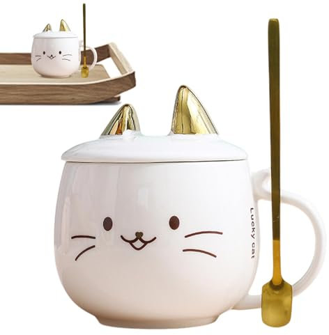 Novelty 480ml Cute Cat Coffee Mug with Lid and Spoon, Funny Kitten Coffee Cup for Cat Enthusiasts, Creative Cat-Themed Tea Mug for Women, Hot Drinks, Birthday Gift for Girls, Friends, and Animal Lover