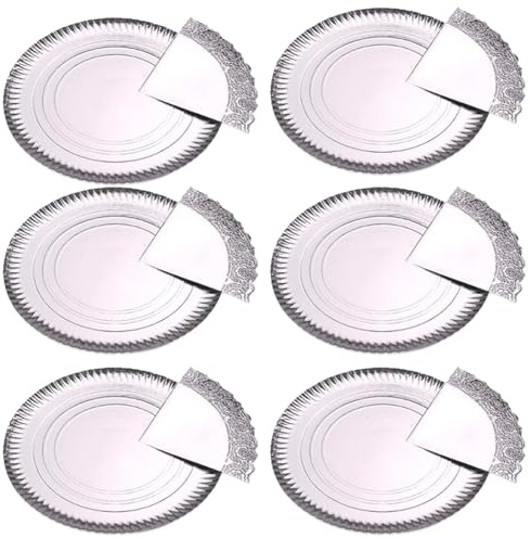 Acan Tradineur - Pack de 6 bandejas Redondas de cartón con blonda, Fuente reciclable para Pasteles con Encaje de Papel, decoración de Fiestas, presentación de postres (Plata - Ø 38 cm)
