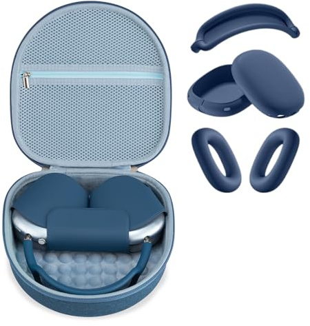 Case for Apple Airpods Max 2/ AirPods Max Headphones, Travel Portable Headphone Hard Case Cover Bag, Mesh Pouch with Zipper for Charger and Accessories (Blue case & Blue silicone cover)