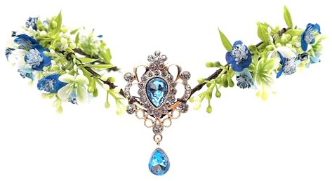 LIANCHEN Brautschmuck Kopfschmuck Elfe Feen Kopfschmuck Damen Feen-Blumenkrone Elfen-Tiara Verstellbarer Hochzeits-Haarkranz Wald-Stirnband für Frauen, Wedding, Halloween, Cosplay Party (blau)