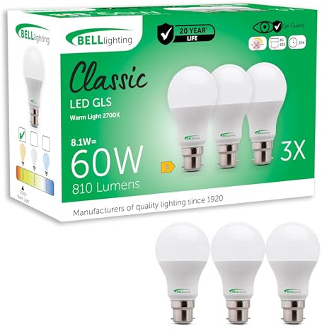 BELL Lighting B22 Bayonet LED GLS Bulbs 8.1W 810lm 2700K Warm White 3 Pack | Non-dimmable B22 bayonet LED GLS bulbs with 2700K warm white light, 810lm output and 60W equivalent brightness.