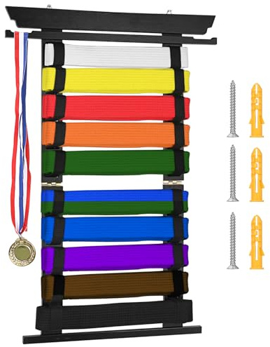 SUMNACON Kampfsport Gürtelhalter für 10 Gürtel Bambus Taekwondo-Gürtelständer Wandmontage Gürtel Display für Medail Judogürtel Karategürtel Ninjitsu-Gürtel als Personalisierbare Geschenk Schwarz