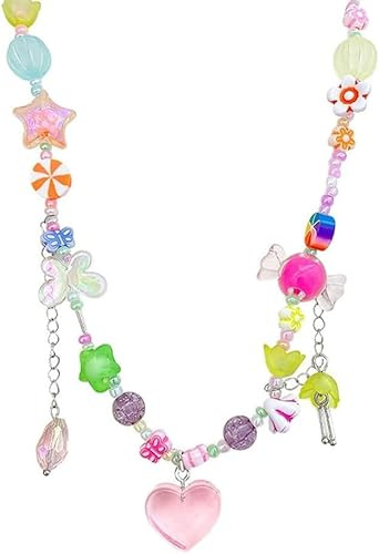 XFSRG halsband damer flickor färgglada pärlor hjärta hänge modesmycke kedja handgjord kedja för barn och tonåringar trendiga smycken för vardag och fest, Eine Grösse, Guld, Agat