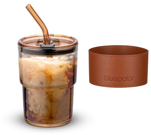 BLUEPOLAR 13oz/400ml Tumbler Water Glass, Cups with Straw and Lid Sealed Carry on for Coffee, Iced Tea, Thick Wall Insulated Glass Cup (Amberwith Protect Sleeve)