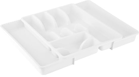 Engelland - 1 range-couverts réglable blanc, panier à couverts avec 8 compartiments, en plastique, sans BPA, porte-couverts, range-couverts pour tiroirs de cuisine, dimensions : 29-51 x 38 x 5 cm