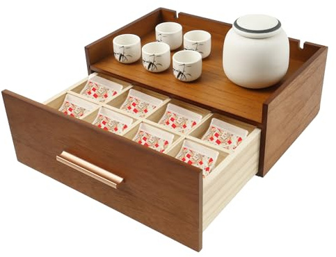 SUPPUIMNT Scatola da tè con 8 scomparti, contenitore in legno, impilabile, contenitore per tè, organizer con cassetto, conservazione protetta dagli aromi, per cucina, bagno, spogliatoio, studio