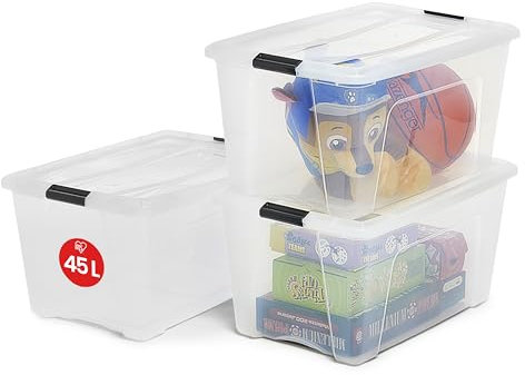 Iris Ohyama, Boite Rangement Plastique avec Couvercle, 45L, Lot de 3, Transparent, Clips de Fermeture, Poignée, Empilable, pour Chambre, Dressing, Bureau, Sans BPA, Caisse de Rangement, Bac, NTB-45