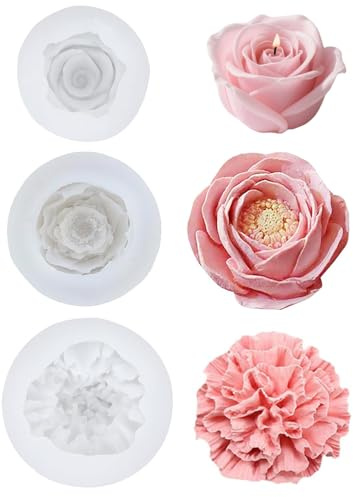 3 Stück Silikonformen Gießformen Blumen,Kerzen Formen Silikon Blumen,Rose Blumen Silikonform,Nelke Pfingstrose Silikonformen,Kerzenformen zum Gießen Blumen,für Schokolade Kunsthandwerk Dekorationen