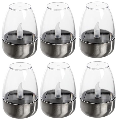 berjalan Velas de té de energía solar para exteriores, sin llama, parpadeantes, impermeables, lámpara de mesa solar, velas LED con atardecer a amanecer, paquete de 6