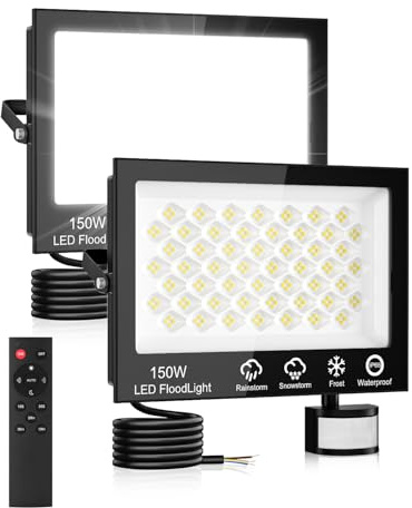 Focos LED Exterior con Sensor Movimiento 150W 2 Pieza,15000LM Foco Exterior Potente con Mando a Distancia,6500K Blanco Frío Foco Proyector, IP66 Impermeable Luz LED para Jardín Terraza Garaje