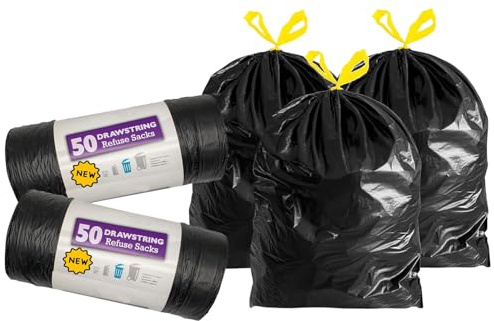 120L Black Drawstring Refuse Rubbish Sacks With Easy Tie Top Handle | For Home, Kitchen & Garden