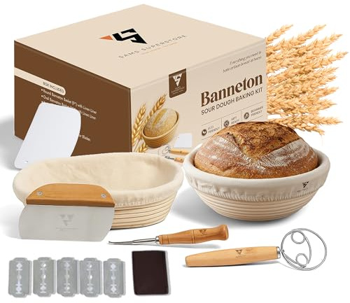 Sourdough Banneton Bread Proofing Basket Set, 9 Inch Round & 10 Inch Oval Sourdough Proving Basket, 100% Natural Rattan, Sourdough Bread Making Kit with Cloth Liner, Bread Lame, Dough Whisk, Scrapers