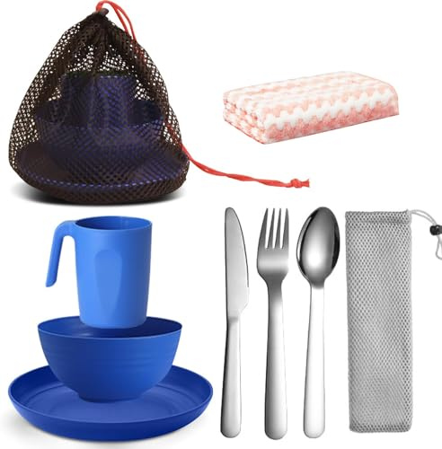 Camping Mess Kit for 1 Person with Mesh Bag Reusable Light Weight, Includes Spoons, Mugs, Bowls, Plates, Rags & Organizer Straps - Easy to Carry for Backpacking, Camping, Hiking (Blue)