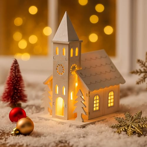 GZWY Weihnachtsdorf mit Beleuchtung, Weihnachtsdeko Holz Innen Weihnachtshäuser, Weihnachten Deko Lichthaus mit LED Licht, Weihnachtshaus Beleuchtet Weihnachtsdorf Häuser Deko Weihnachten Innen (A)