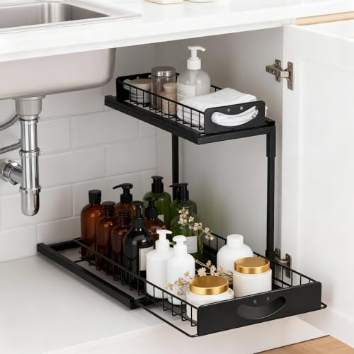 Organizer sotto il lavello in metallo, organizer da cucina a 2 livelli, con cassetto scorrevole, ventose migliorate per la cucina e il bagno
