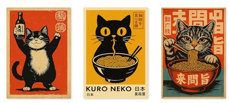 Anime Food Cats Poster Set, Vintage Woodblock Anime Poster Set, Japanese Wall Art, A4 (Print Only) - 29.7x21cm