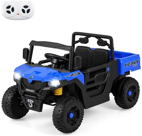 COSTWAY 12V Voiture Électrique Enfant avec Télécommande & Benne, Véhicule Électrique avec Lumières LED & Musique & Klaxon, Démarrage Lent, 3-5 km/h, Charge 30kg,Tracteur Enfant pour 3-8 Ans (Bleu)
