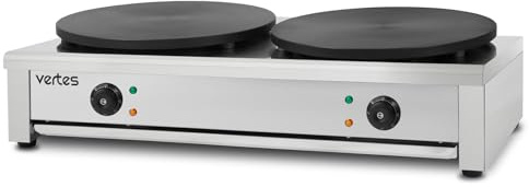 VERTES Crepes Maker Doppelt Crepesmaker Elektrisch aus Edelstahl mit 2x 40cm Platte 2x 3000W, Antihaftbeschichtung, Temperatur Stufenlos Regulierbar von 50-300°C, Gastro Profi, Inkl. Holzverteiler