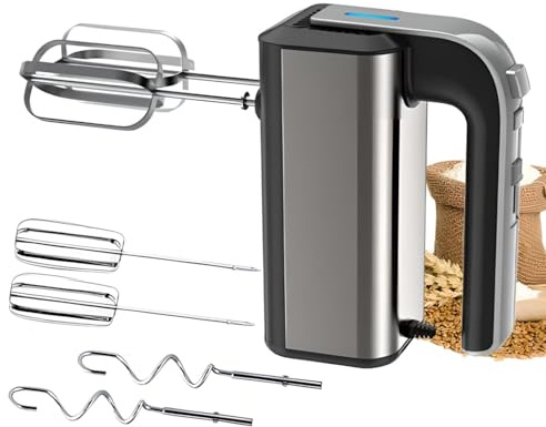 Frullatore Elettrico a Mano 450W in Acciaio Inox, Sbattitore con 2 Ganci per Impasto e 2 Fruste, Frullatore Portatile a 5 velocità Regolabile, Leggero, per Montare la Panna