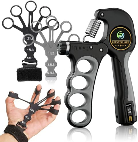 Tränare med greppkraft fingertränare i två färger och handledsband – 5–100 kg motstånd, justerbar räkningsfunktion, lämplig för kontorsarbetare, rehabiliteringar, hobbyister och fitnessentusiaster