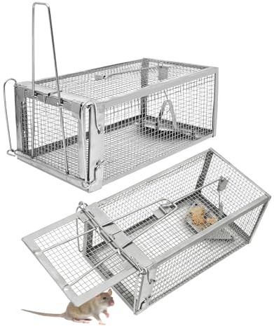 AmoreTempo 2 Stück Rattenfalle Lebend Metall Mausefalle 28 x 14 x 11 cm Groß Rattenfallen für Innen & Außen Hochsensitive Lebendfalle Ratte für Garage Keller Küche Scheune Geflügelstall, Silbern
