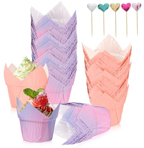 100 Stück Muffinförmchen Papier,mit 50 Stück Cupcake-Dekorationen | Cupcake Förmchen, Tulpen Muffinförmchen Papiers, Backförmchen Papier für Geburtstagsfeiern Hochzeiten(Farbverlauf Lila/Rosa)