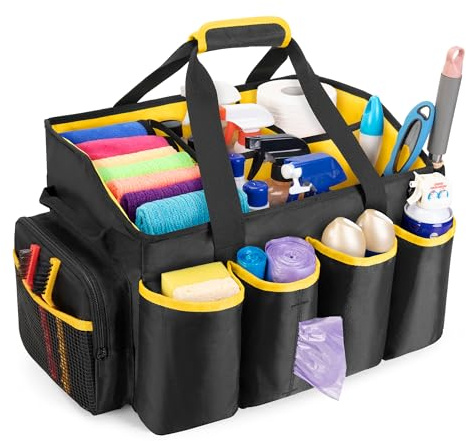 PGmoon Large Cleaning Caddy Bag with Handle – Black, Yellow Inner | Cleaning Supplies Tote for Housekeepers, Multiple Pockets, for Car, Home & Housekeeping