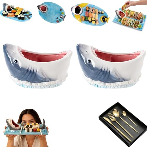 Shark Charcuterie Board, 3 In1 Shark Sushi Plate with Dipping Sauce Bowl, Funny Handmade Ceramic Shark Taco Holder, Ndles Up to 1300°c Safely, Microwave, Oven and Dishwasher Safe(Bowl,2PC)